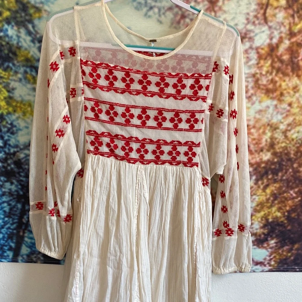 Free People Cream and Red Embroidered sheer Long Sleeve Dress - Picture 16 of 16